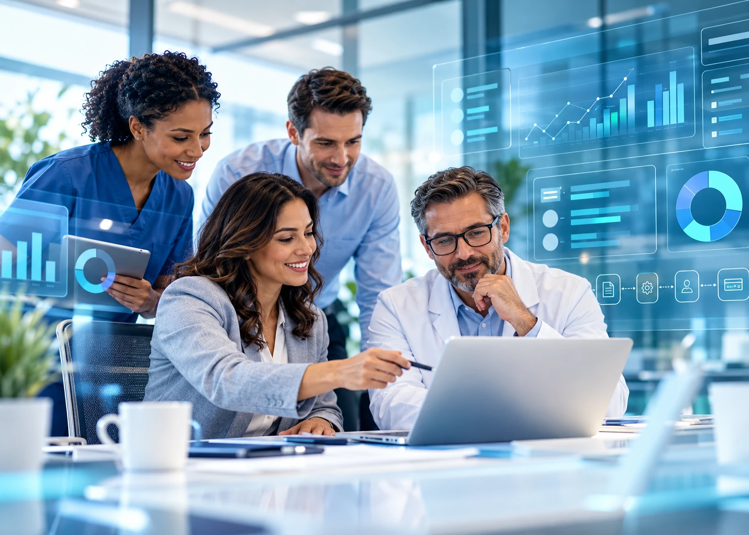 Healthcare team collaborating around analytics, reporting and revenue cycle performance